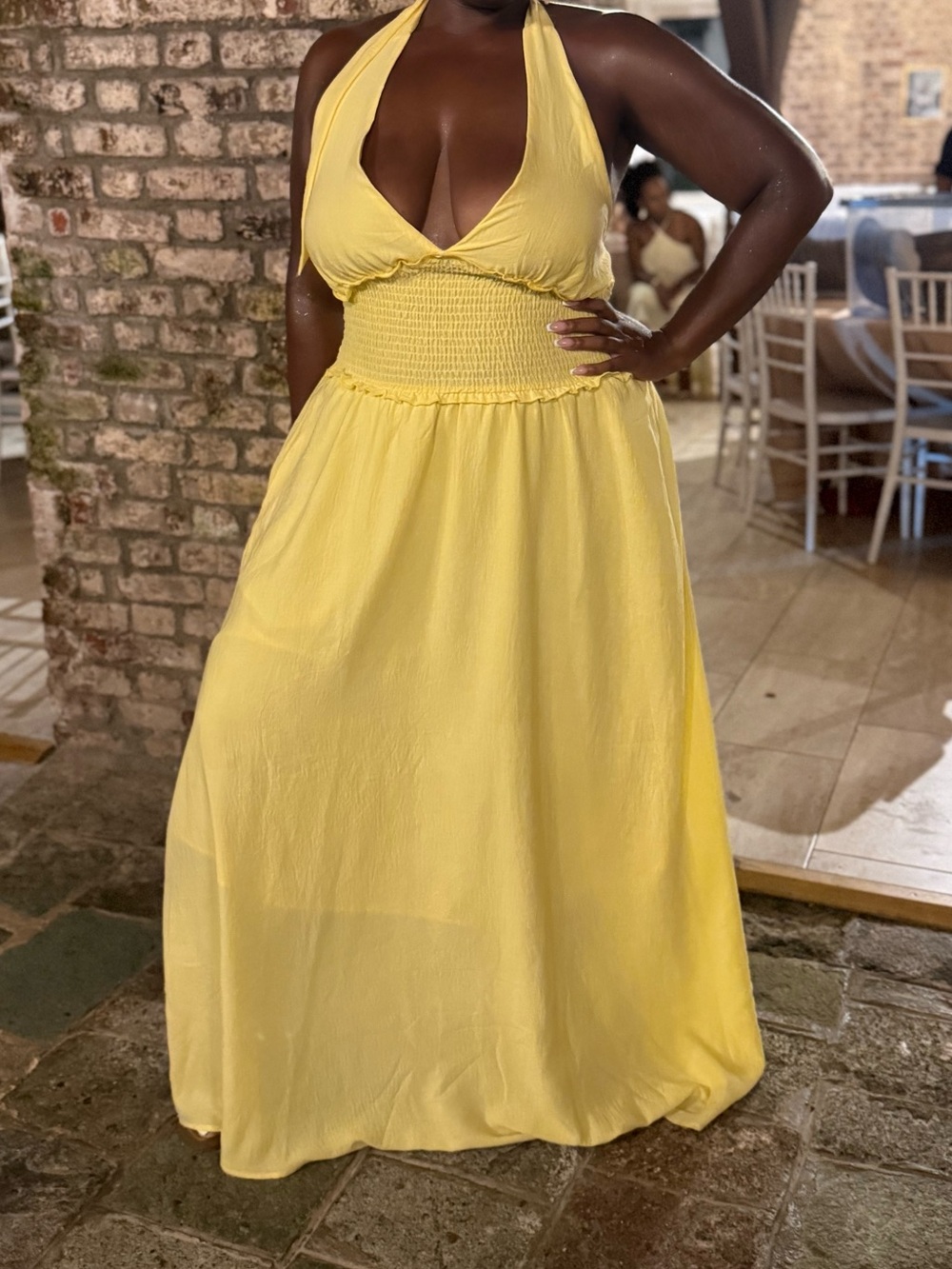 Yellow Halter Maxi Dress with Smocked Waist